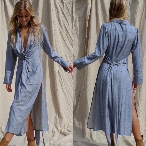 Jen’s Pirate Booty Colisee Midi Dress Washed Blue Floral Size Large - Picture 1 of 15